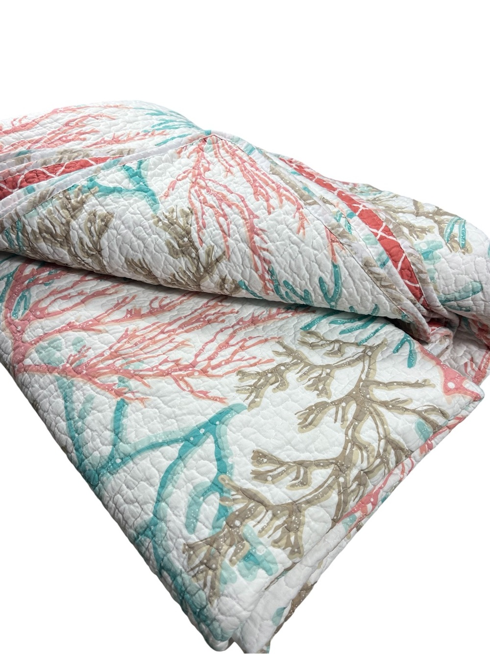 Coastal themed REVERSIBLE QUILT with matching shams EUC aqua coral white QUEEN - Picture 3 of 8